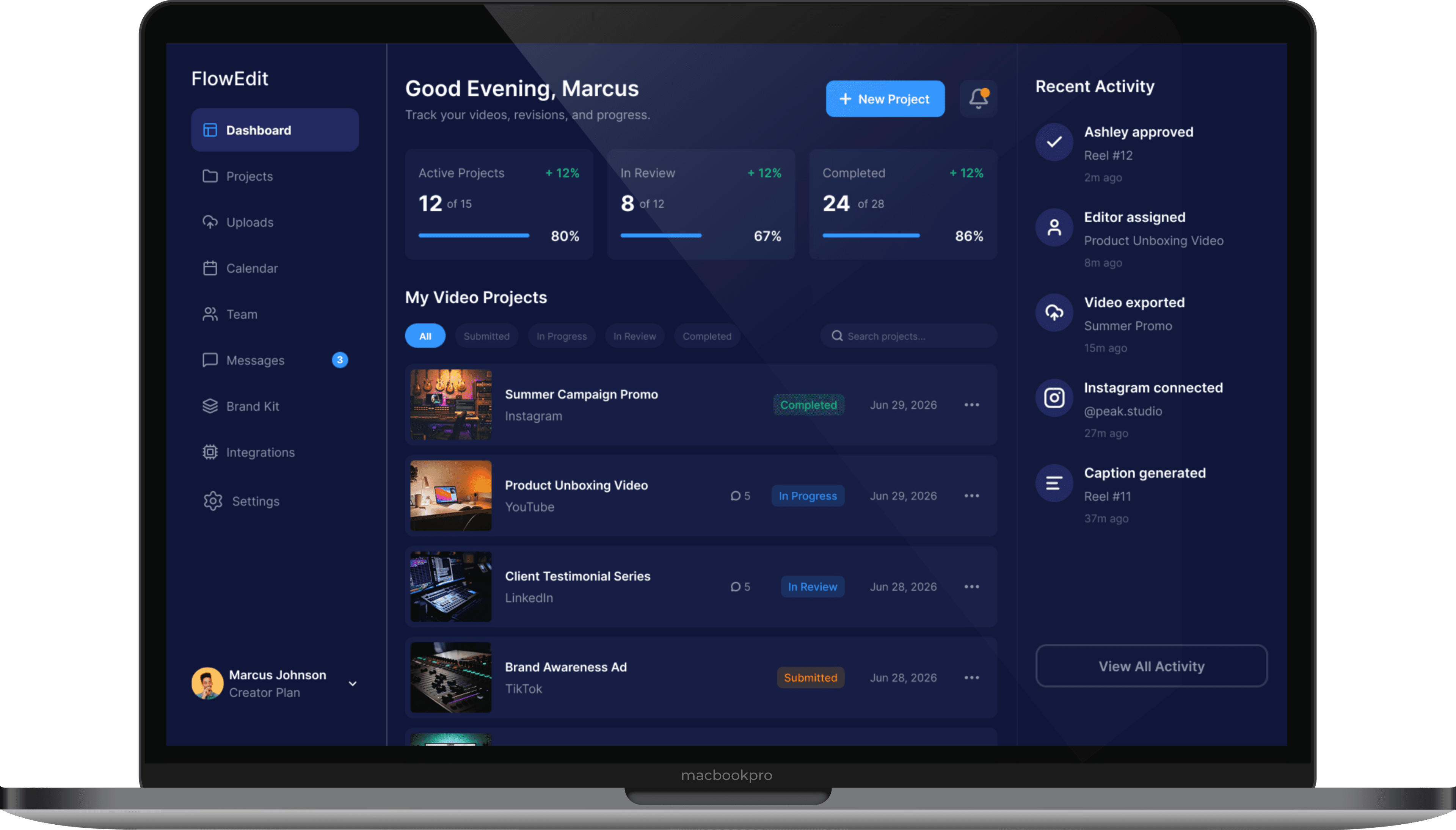 FlowEdit project dashboard displayed on a laptop
