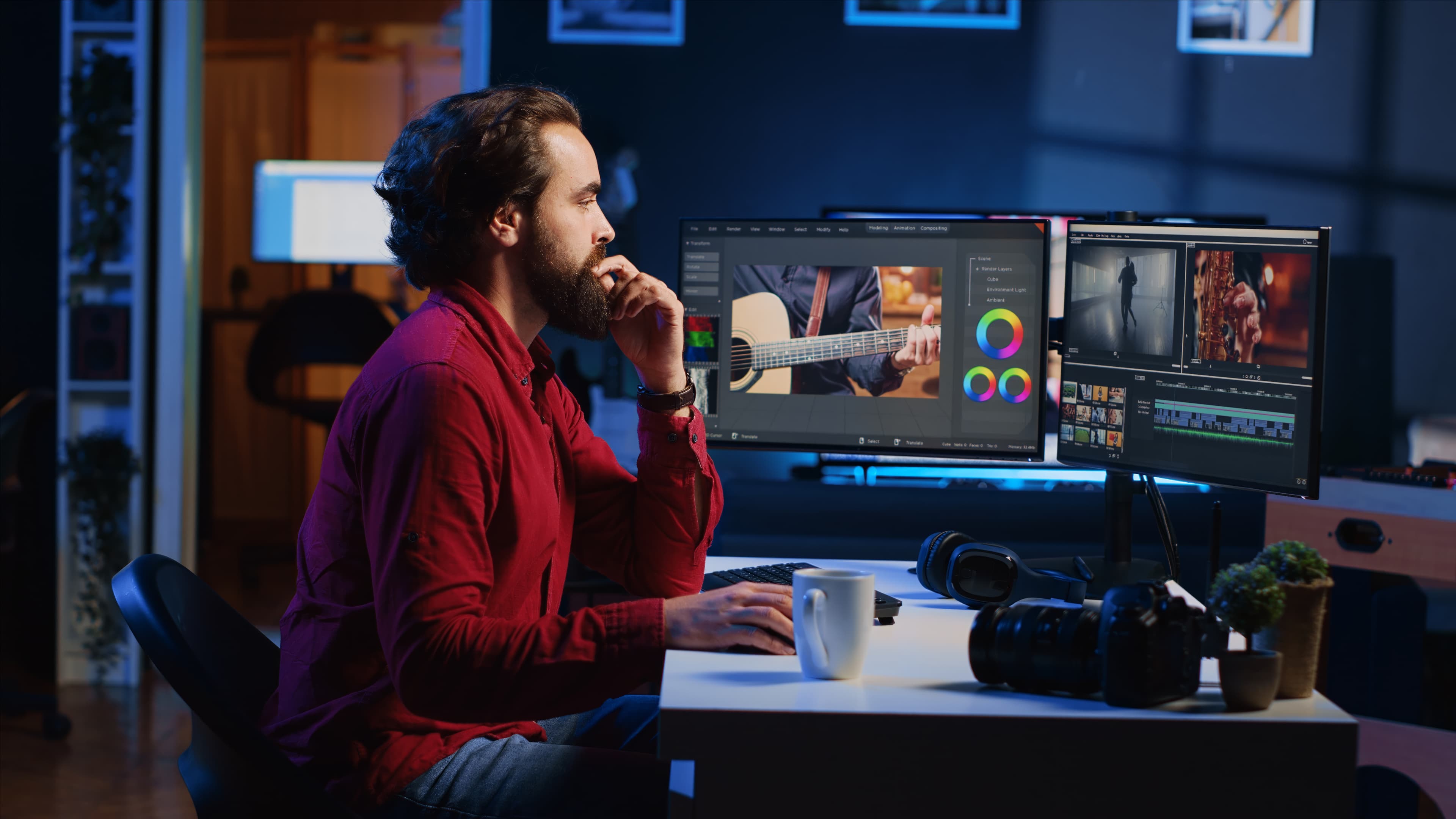 Professional video editor working at a multi-monitor workstation